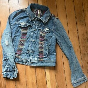 Free People Light Blue Denim Boho Distressed Jacket with Multicolor Aztec Panels